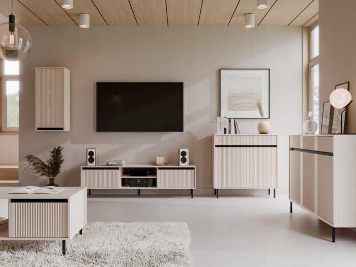 Komoda OSAKA 100 cm beż piaskowy z drzwiami i szufladami metalowe nogi