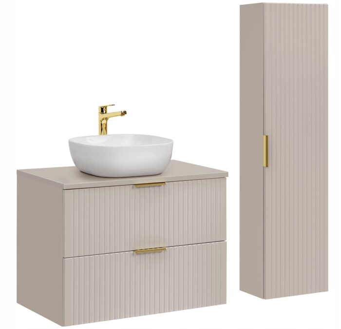 ADEL zestaw mebli łazienkowych kaszmir Szafka blat umywalka 80 cm + Słupek 140 cm ryflowane fronty