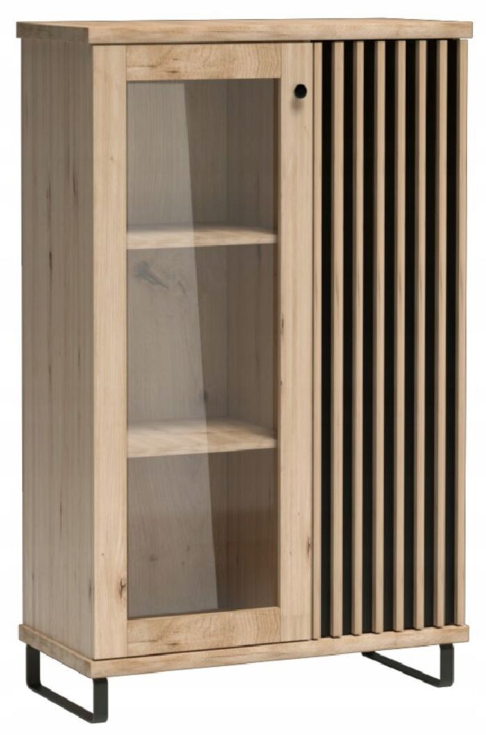 Witryna CAMPA 86 cm dąb czarny niska regał lamele czarne metalowe nogi półki przeszklenia