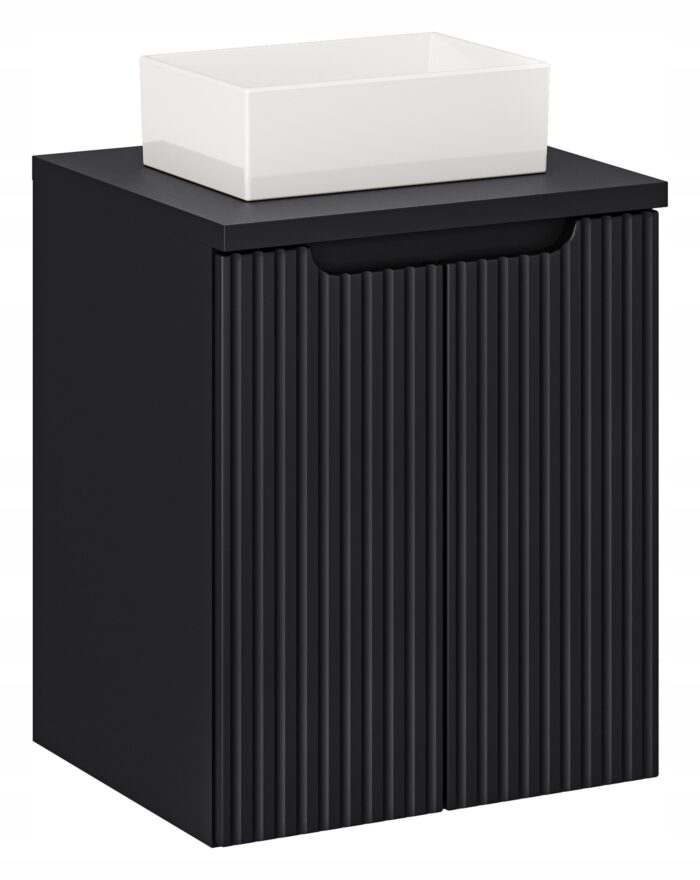 NOVA 50 cm czarna szafka łazienkowa z blatem i umywalką drzwi ryflowane fronty