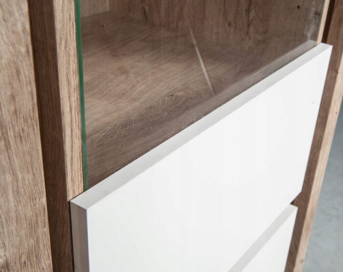 Witryna GLOSS 100 cm dąb biały połysk pojemna drzwi półki LED przeszklenia