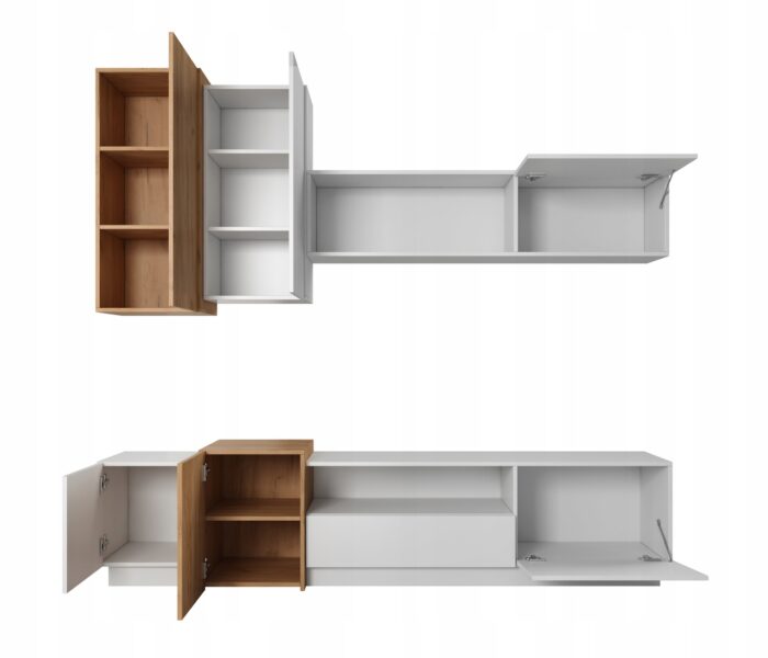 Meblościanka 3D 220 cm biały mat / dąb craft złoty, szafka RTV, regały i półka