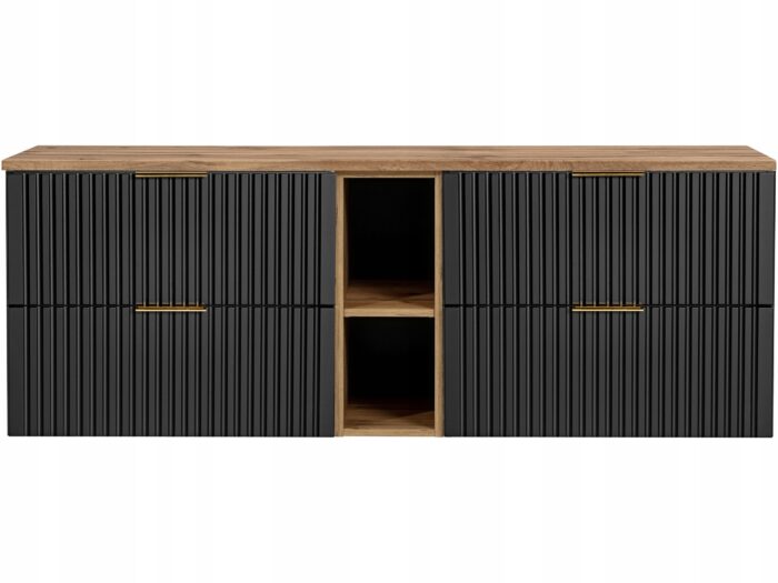 ADEL 180 cm czarna szafka łazienkowa blat regał dąb wotan 4 szuflady ryflowany front