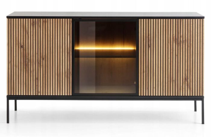 Komoda SALI 154 cm czarny / dąb wotan z oświetleniem LED, ozdobne lamele