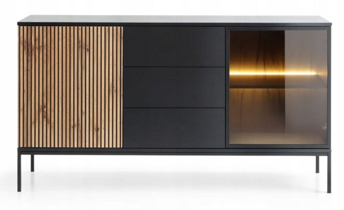 Komoda SALI 154 cm czarny / dąb wotan z szufladami i oświetleniem LED, ozdobne lamele