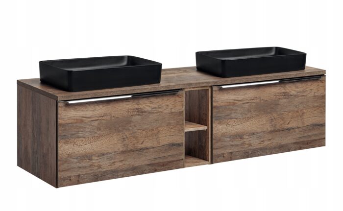 Zestaw mebli łazienkowych SANTA FE 180 cm dąb szafka wisząca blat regał 2 x umywalka szuflady