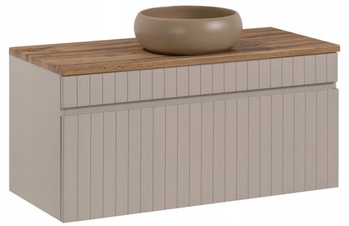 Szafka łazienkowa ICONIC 100 cm kaszmir wisząca blat umywalka szuflada frezowany front