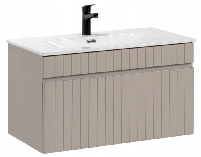Szafka łazienkowa ICONIC 80 cm kaszmir wisząca umywalka wpuszczana szuflada frezowany front