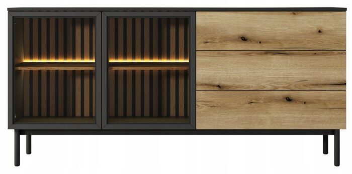 Komoda ARIA 180 cm czarna / dąb evoke z oświetleniem LED szklanymi drzwiami szufladami