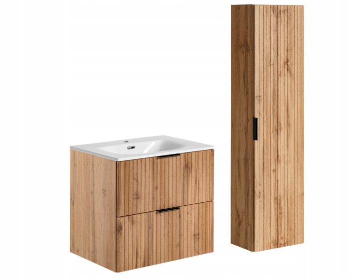 ADEL zestaw mebli łazienkowych dąb wotan Szafka z umywalką 60 cm + Słupek 140 cm ryflowane fronty
