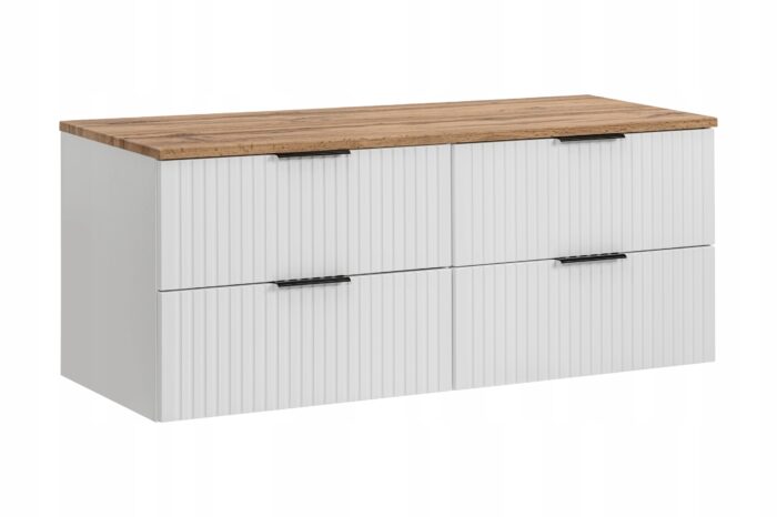 ADEL 160 cm biała szafka łazienkowa blat dąb wotan ryflowane fronty 4 szuflady szeroka