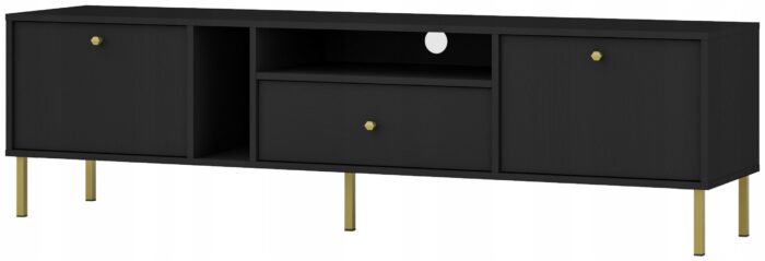 Szafka RTV AVILA 180 cm czarna z klapami szufladą i półkami złote metalowe nogi typ prosty