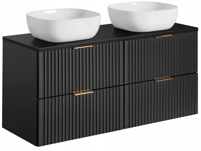 ADEL 120 cm czarna szafka łazienkowa z umywalkami blat ryflowane fronty 4 szuflady pojemna