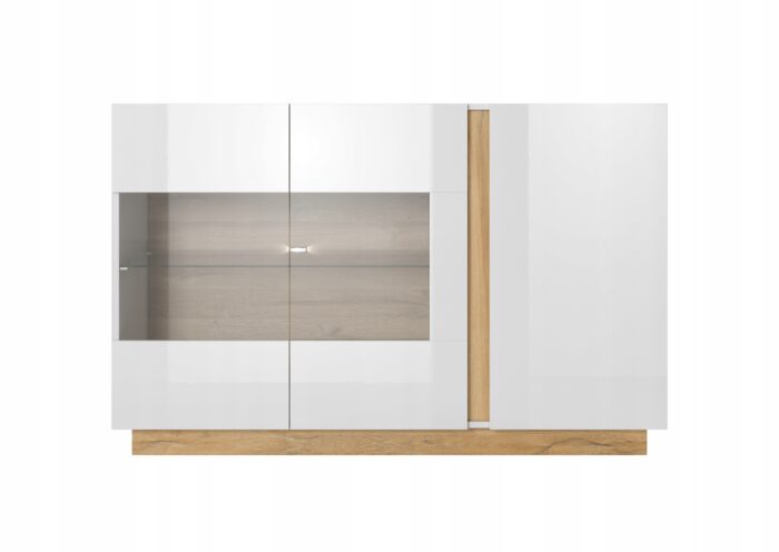 Komoda ARCO 138 cm biały połysk / dąb grandson z szkłem i półkami