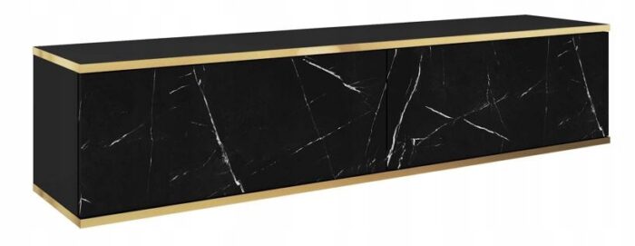 Szafka RTV ORO 135 cm marmur, gładkie fronty, złota ozdobna listwa