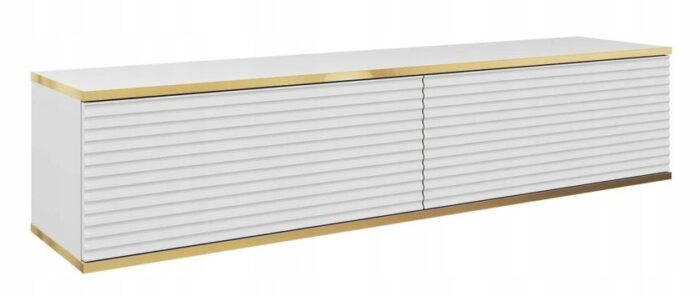 Szafka RTV ORO 135 cm biały, ryflowane fronty, złota ozdobna listwa