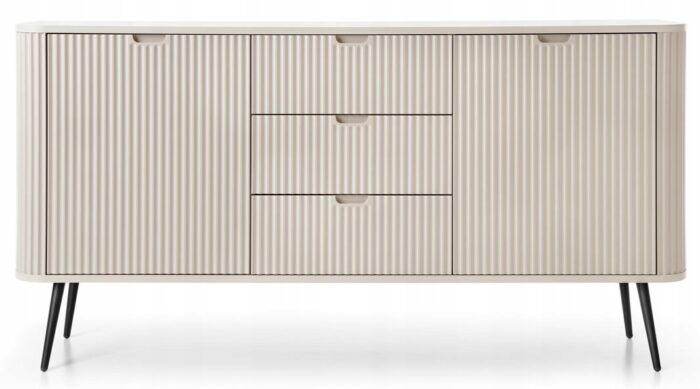 Komoda VELLA 168 cm kaszmir czarne nóżki zaokrąglone boki ryflowane front z drzwiami i szufladami