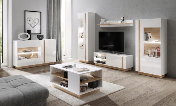 Szafka RTV ARCO 138 cm biały połysk / dąb grandson z szklaną półką i klapą