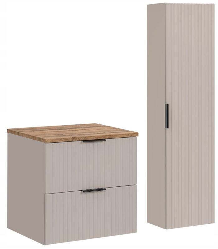 ADEL  zestaw mebli łazienkowych kaszmir Szafka blat dąb wotan 60 cm + Słupek 140 cm ryflowane fronty