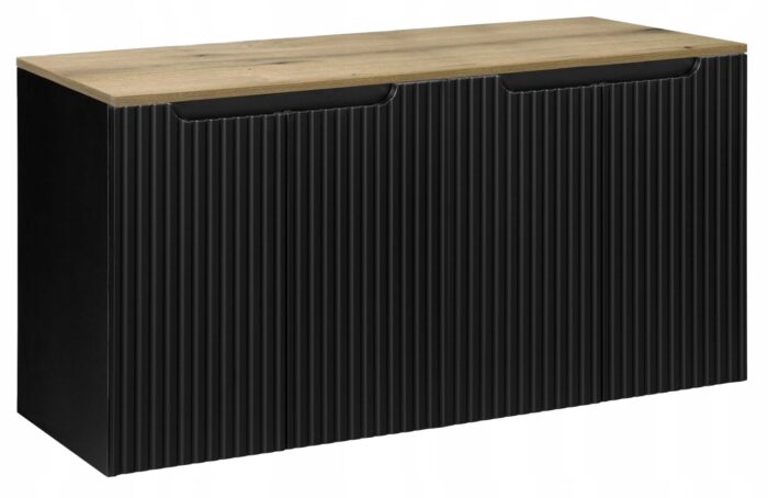 Szafka łazienkowa NOVA czarny 120 cm blat dąb ryflowane fronty 4 drzwi szeroka