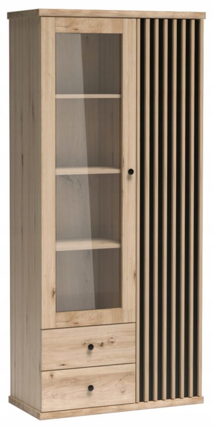 Witryna CAMPA 86 cm dąb czarny wysoka regał lamele szuflady półki przeszklenia