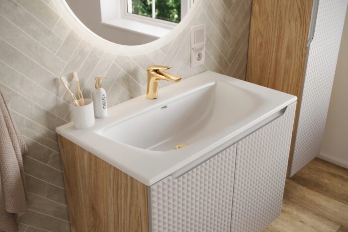 Szafka pod umywalkę LUXOR 60 cm dąb beżowy front 3 D wisząca pojemna szuflady