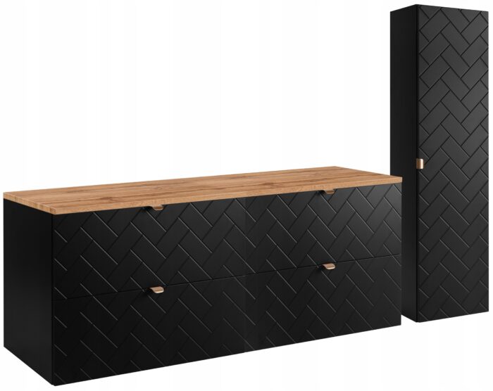 Zestaw mebli łazienkowych MADIS czarny szafka pod umywalkę blat dąb 160 cm słupek 35/136 cm