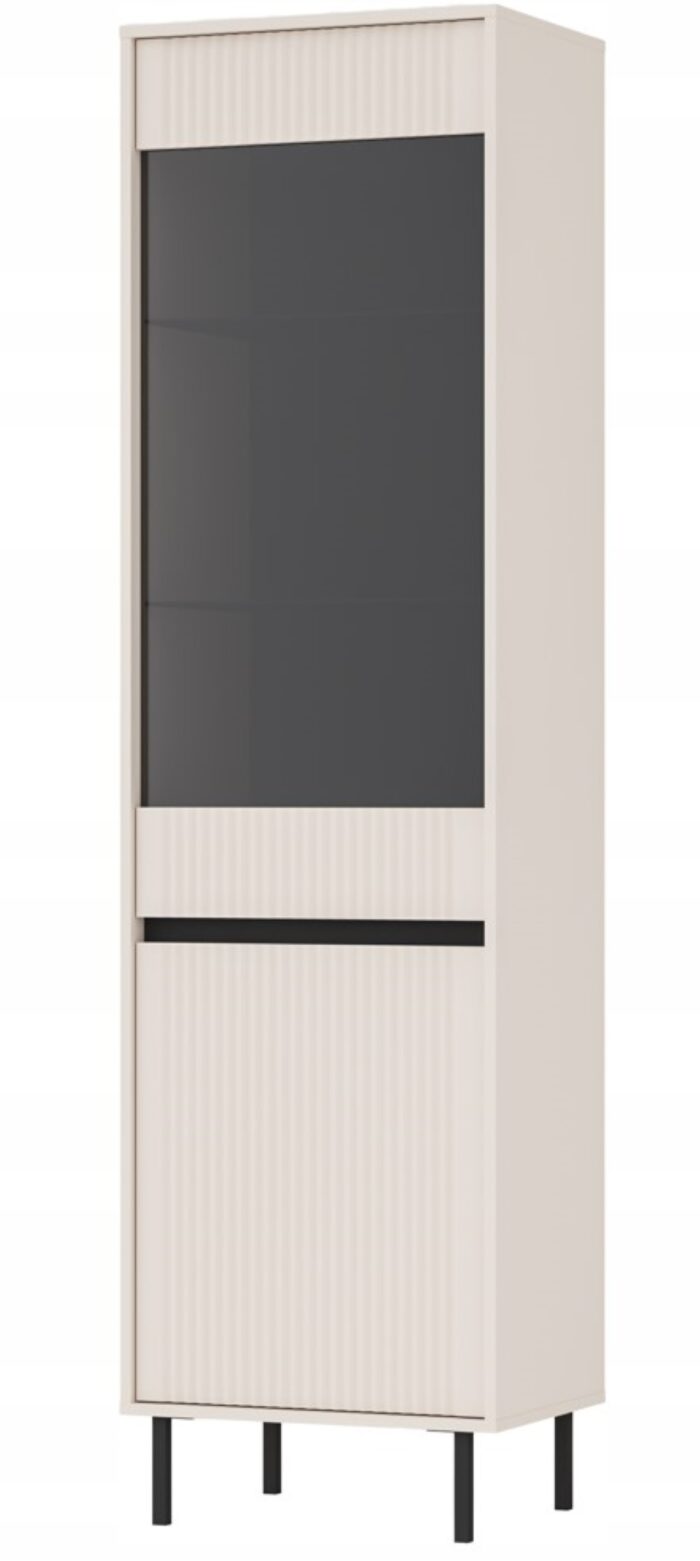 Witryna OSAKA 205 cm beż piaskowy wysoka z drzwiami i szkłem metalowe nogi