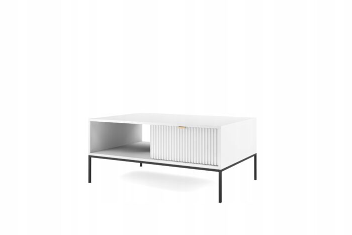Ława BELLAZA 104 cm biała z szufladami, czarne metalowe nogi i uchwyty