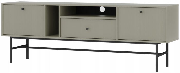 Szafka RTV AVILA 180 cm zielona z klapami szufladą i półkami czarne metalowe nogi typ stelaż