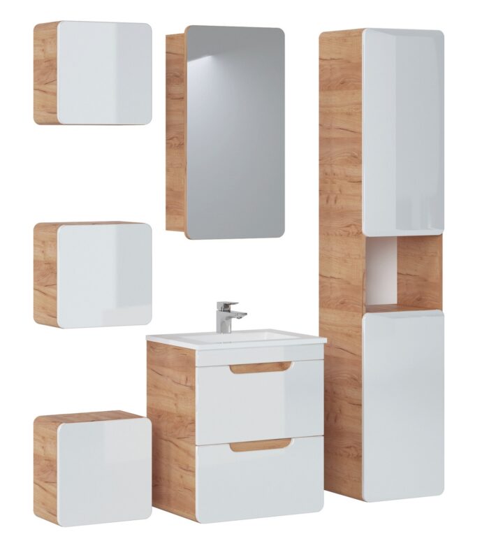 Zestaw mebli łazienkowych ARUBA dąb biały połysk szafka z umywalką słupek lustro regały