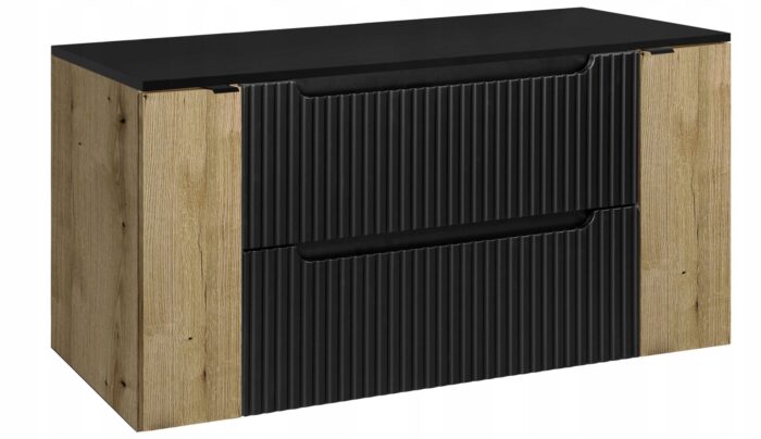 Szafka łazienkowa NOVA czarny 120 cm blat ryflowane fronty wstawka dąb 2 drzwi 2 szuflady