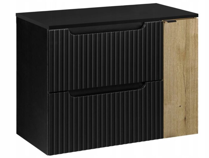 Szafka łazienkowa NOVA czarny 80 cm blat ryflowane fronty wstawka dąb 1 drzwi 2 szuflady