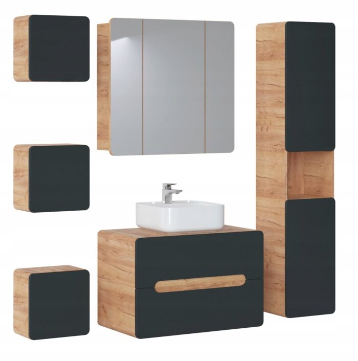 Zestaw mebli łazienkowych ARUBA dąb grafit wisząca szafka z umywalką blat słupek lustro regały