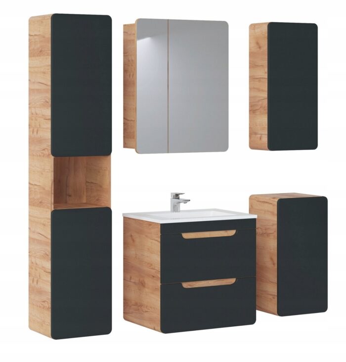 Zestaw mebli łazienkowych ARUBA dąb grafit wisząca szafka pod umywalkę słupki lustro regały