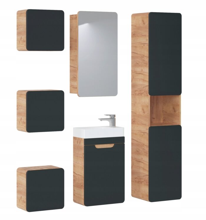 Zestaw mebli łazienkowych ARUBA dąb craft grafit szafka umywalka słupek 3 x kwadrat lustro