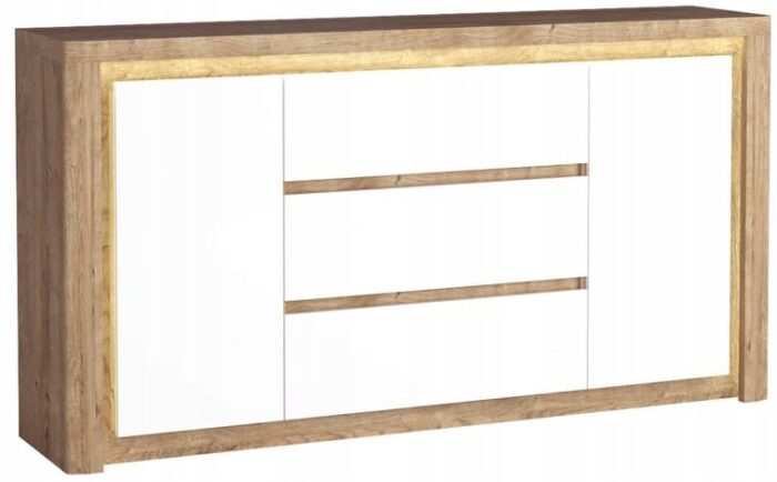 Komoda GLOSS 184 cm dąb biały połysk pojemna szuflady drzwi LED