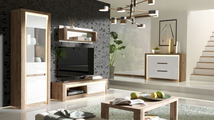 Ława GLOSS 110 cm dąb biały stolik kawowy półka