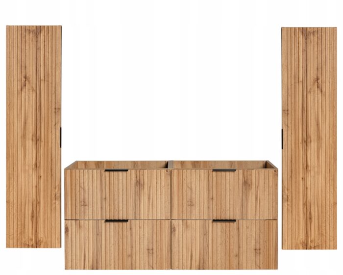 ADEL zestaw mebli łazienkowych dąb wotan Szafka 120 cm + 2 Słupki 140 cm ryflowane fronty