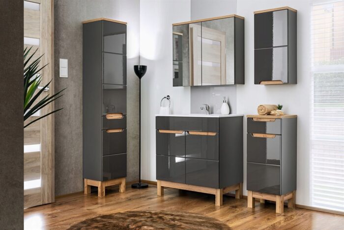 Szafka pod umywalkę BALI 80 cm grafit połysk dąb stojąca drzwi półki