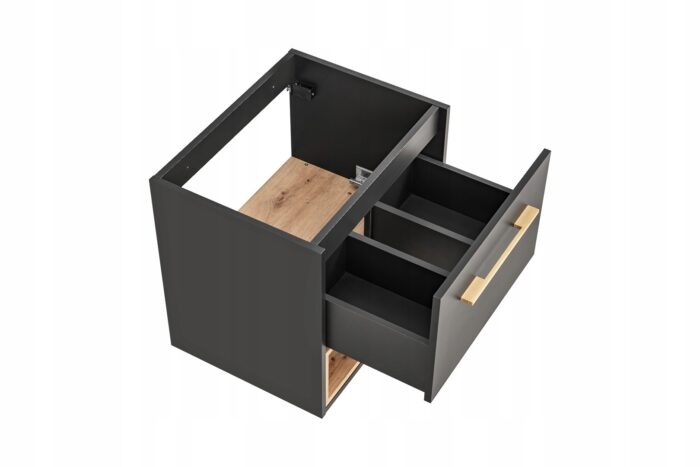 Szafka pod umywalkę BORNEO 60 cm szara dąb wisząca szuflady otwarta półka