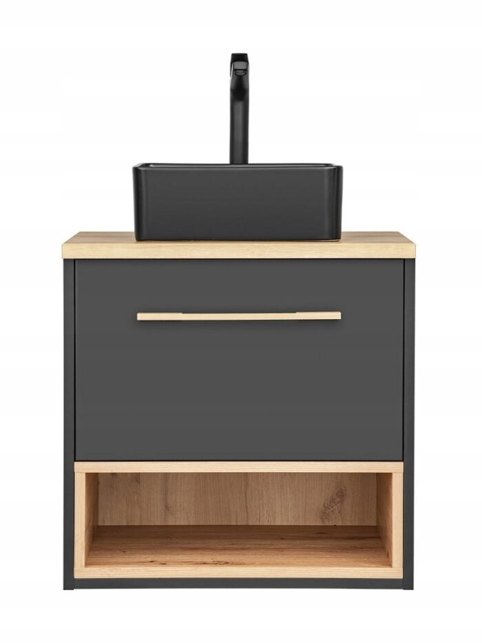 Szafka pod umywalkę BORNEO 60 cm szara dąb wisząca szuflady otwarta półka