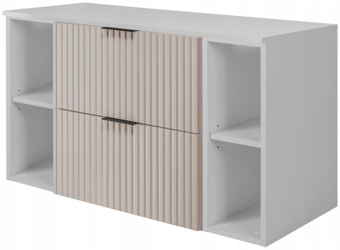 FLOW 100 cm Zestaw łazienkowy kaszmir biały szafka z blatem szuflady regały ryflowane fronty