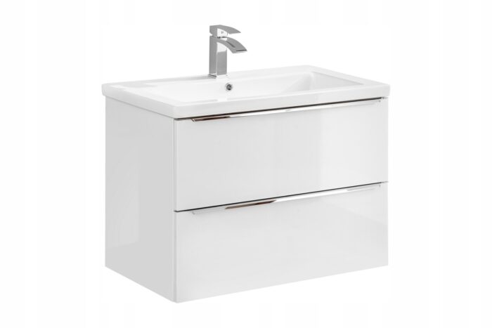 Szafka pod umywalkę CAPRI 80 cm dąb biały połysk wisząca szuflady metalowe uchwyty