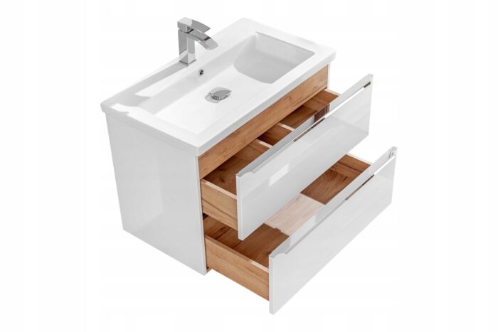 Szafka pod umywalkę CAPRI 80 cm dąb biały połysk wisząca szuflady metalowe uchwyty