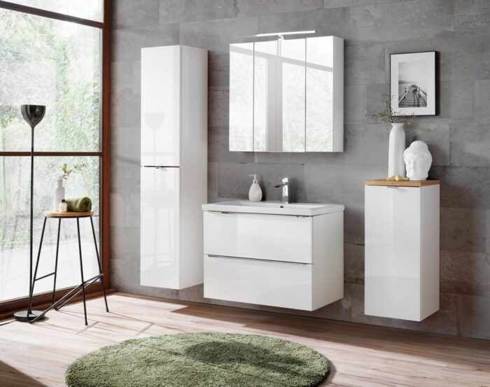 Szafka pod umywalkę CAPRI 80 cm dąb biały połysk wisząca szuflady metalowe uchwyty