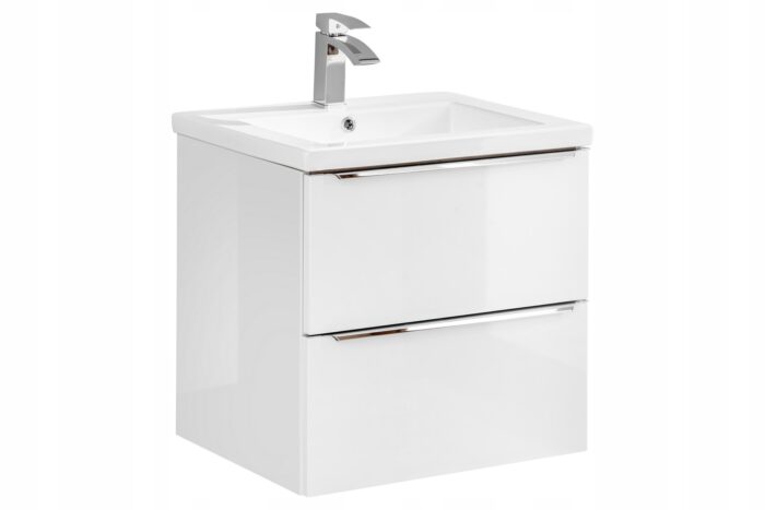Szafka pod umywalkę CAPRI 60 cm dąb biały połysk wisząca szuflady metalowe uchwyty