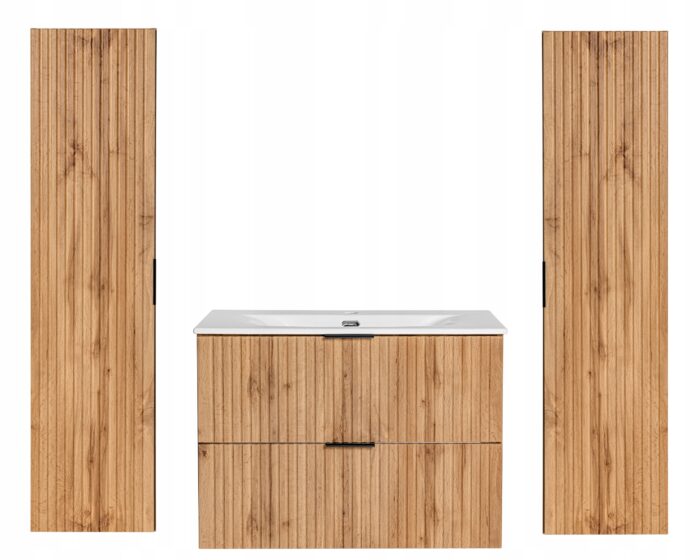 ADEL zestaw mebli łazienkowych dąb wotan Szafka z umywalką 80 cm + 2 Słupki 140 cm ryflowane fronty
