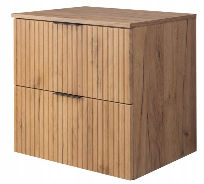 Szafka pod umywalkę FLOW 60 cm dąb craft blat wisząca pojemna szuflady ryflowane fronty