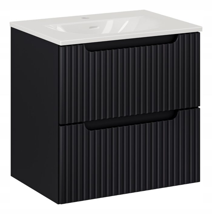 NOVA 60 cm czarna szafka łazienkowa z umywalką wpuszczaną szuflady ryflowane fronty